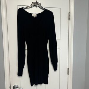 Black Midi Long Sleeve V-Neck Dress